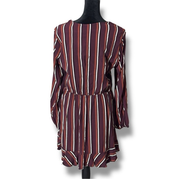 Exhilaration Maroon/Cream Striped Cinch Waist V-Neck Long Sleeve Faux Wrap Dress - Picture 5 of 16